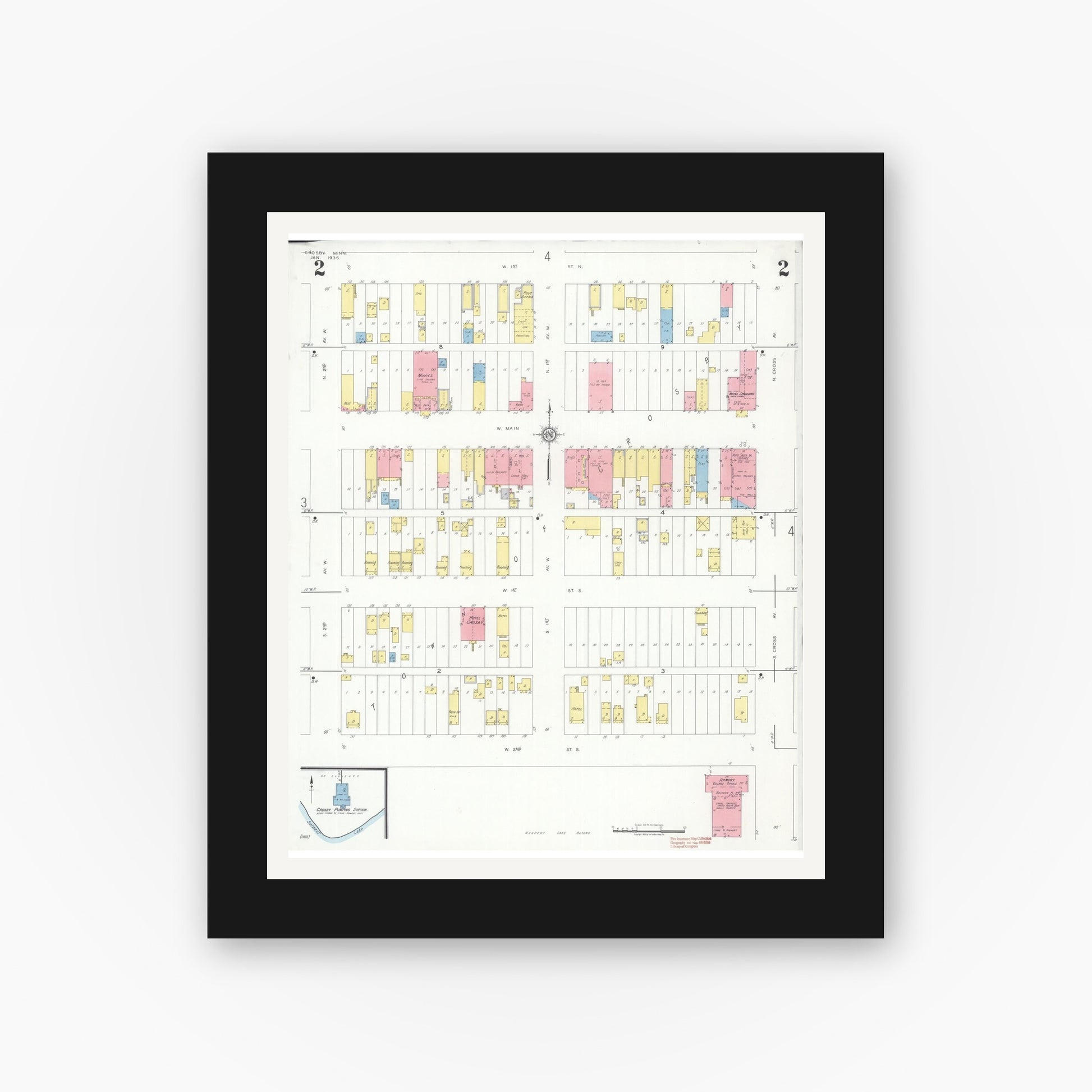 Old map wall art mockup — black gallery frame with white mat — Sanborn Fire Insurance Map from Crosby, Crow Wing County, Minnesota (1935), Sheet #0002