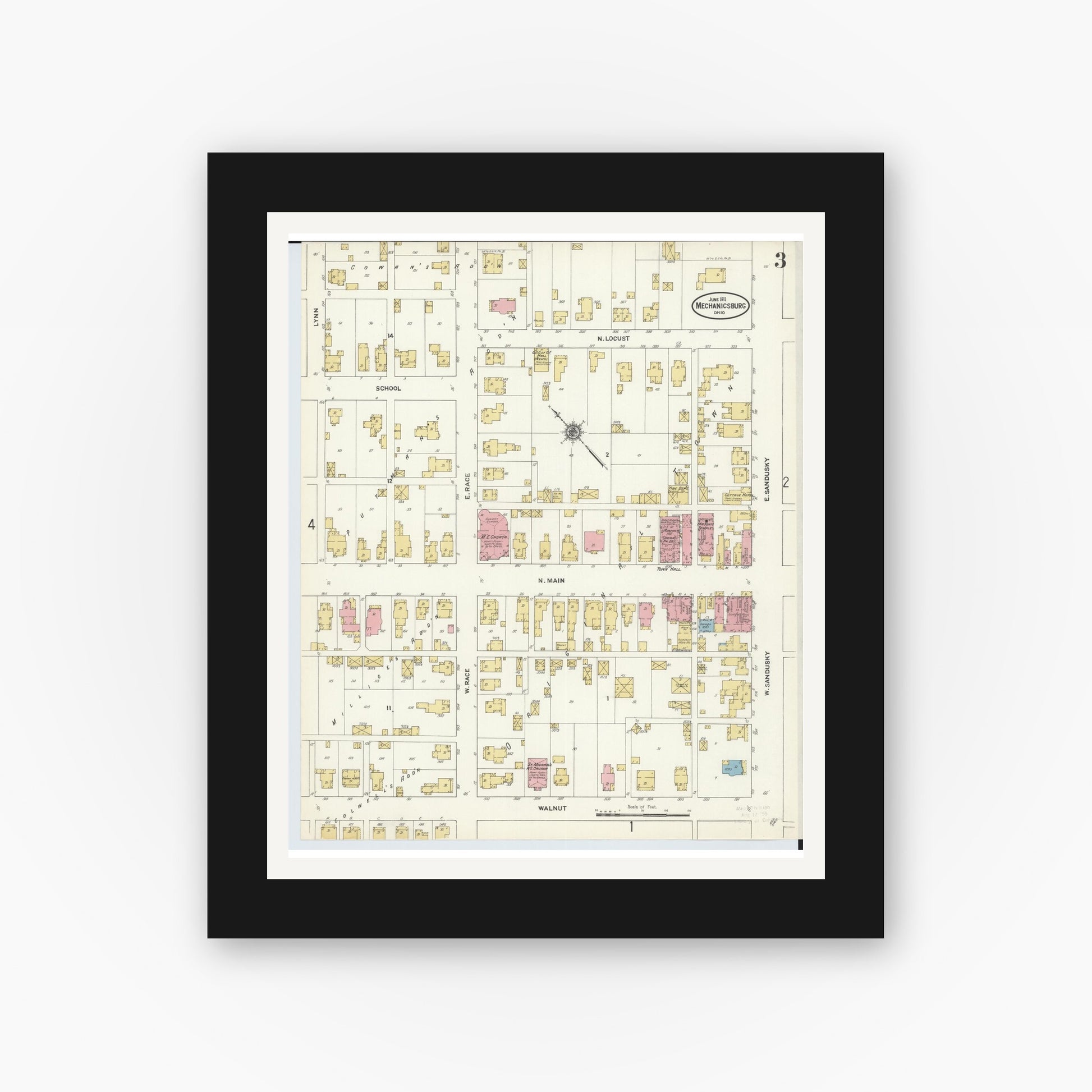 Old map wall art mockup — black gallery frame with white mat — Sanborn Fire Insurance Map from Mechanicsburg, Champaign County, Ohio (1911), Sheet #0003