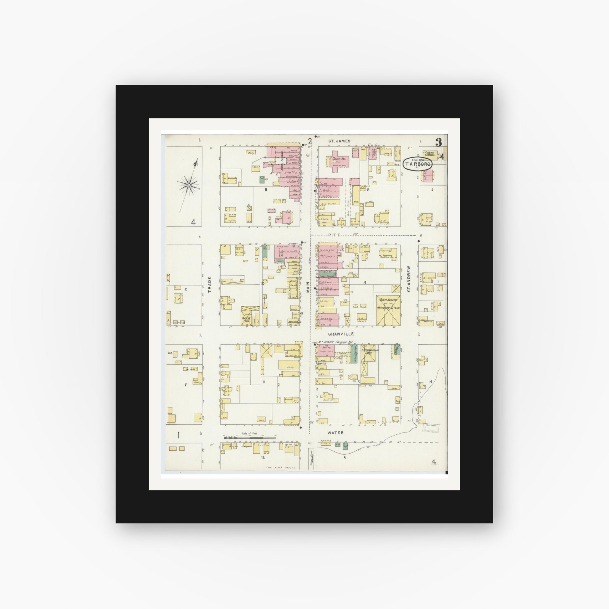 Old map wall art mockup — black gallery frame with white mat — Sanborn Fire Insurance Map from Tarboro, Edgecombe County, North Carolina (1896), Sheet #0003