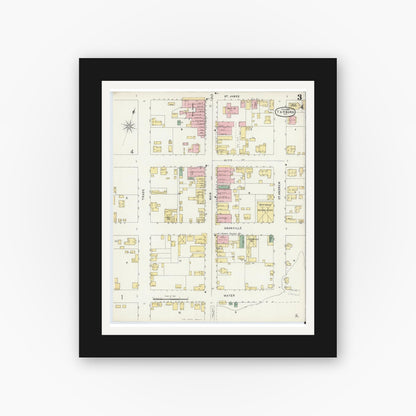 Old map wall art mockup — black gallery frame with white mat — Sanborn Fire Insurance Map from Tarboro, Edgecombe County, North Carolina (1896), Sheet #0003