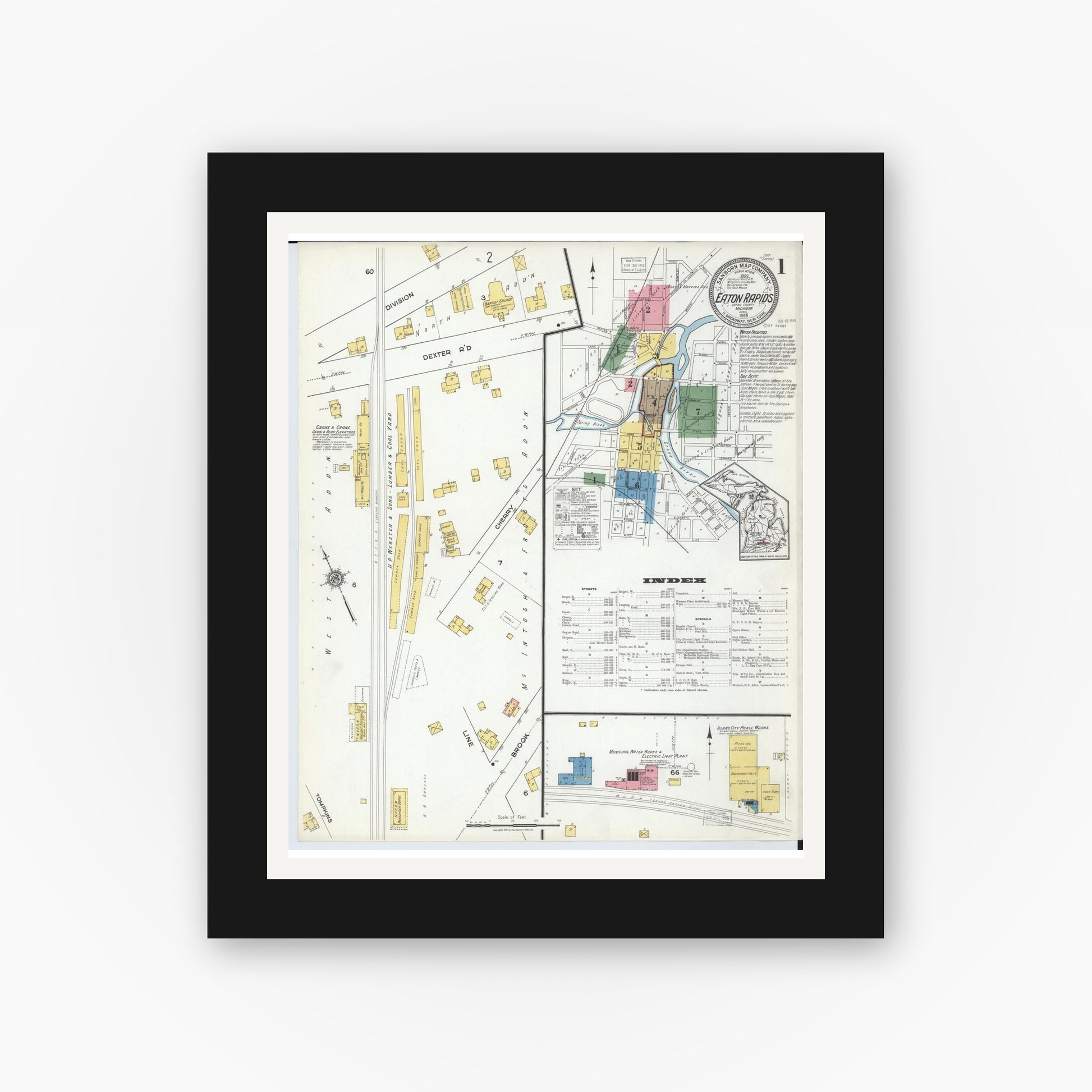 Old map wall art mockup — black gallery frame with white mat — Sanborn Fire Insurance Map from Eaton Rapids, Eaton County, Michigan (1918) - Complete Map Set