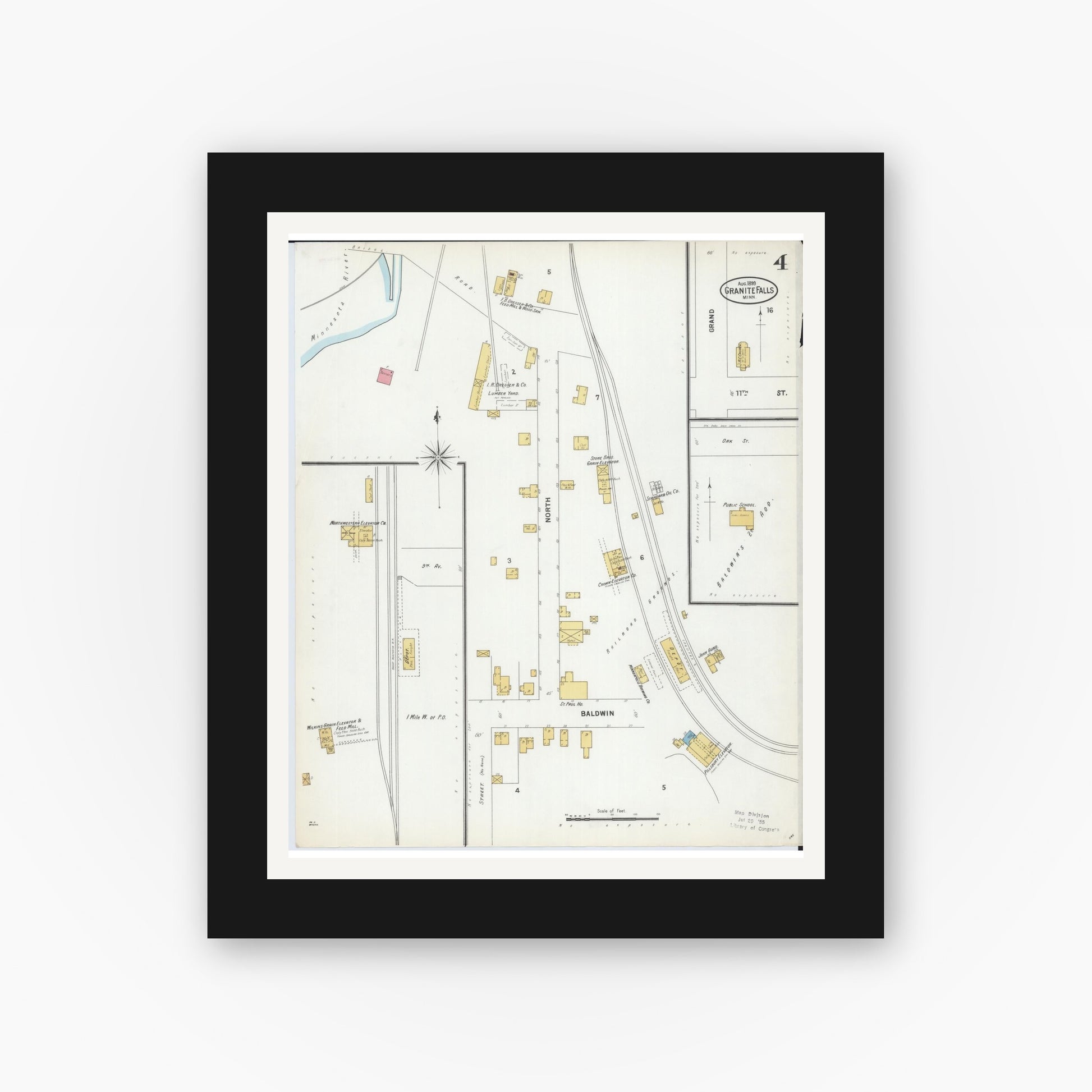 Old map wall art mockup — black gallery frame with white mat — Sanborn Fire Insurance Map from Granite Falls, Yellow Medicine And Chippewa Counties, Minnesota (1899), Sheet #0004