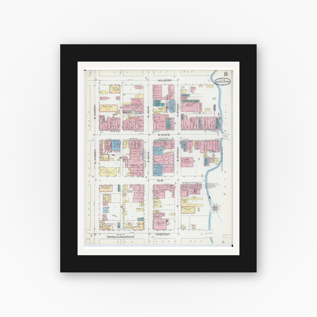 Old map wall art mockup — black gallery frame with white mat — Sanborn Fire Insurance Map from Rockford, Winnebago County, Illinois (1891), Sheet #0008