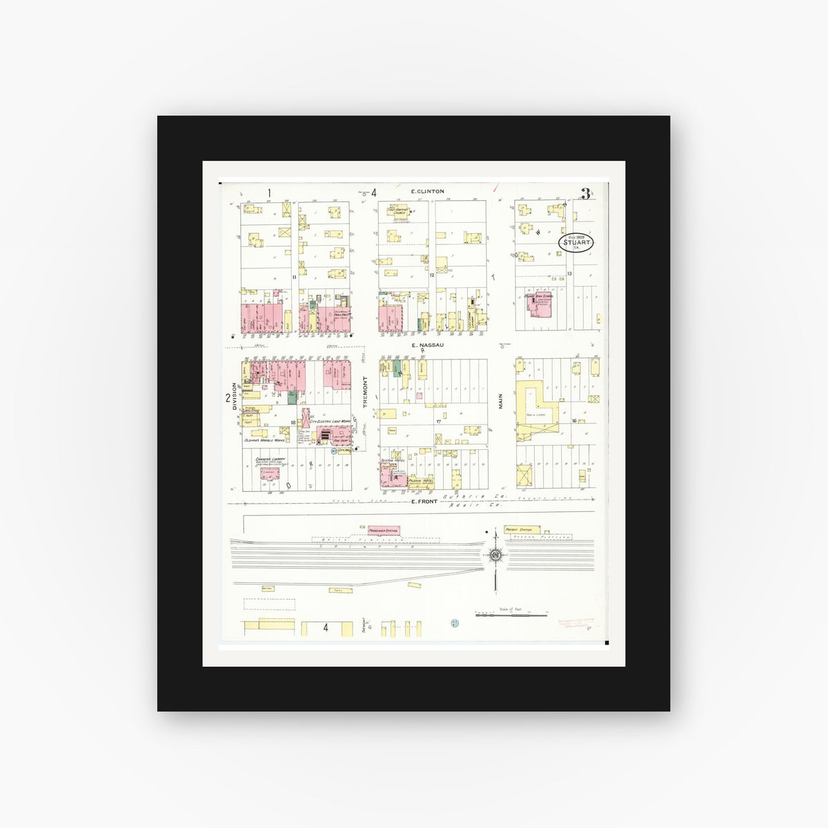 Old map wall art mockup — black gallery frame with white mat — Sanborn Fire Insurance Map from Stuart, Guthrie and Adair Counties, Iowa (1909), Sheet #0003