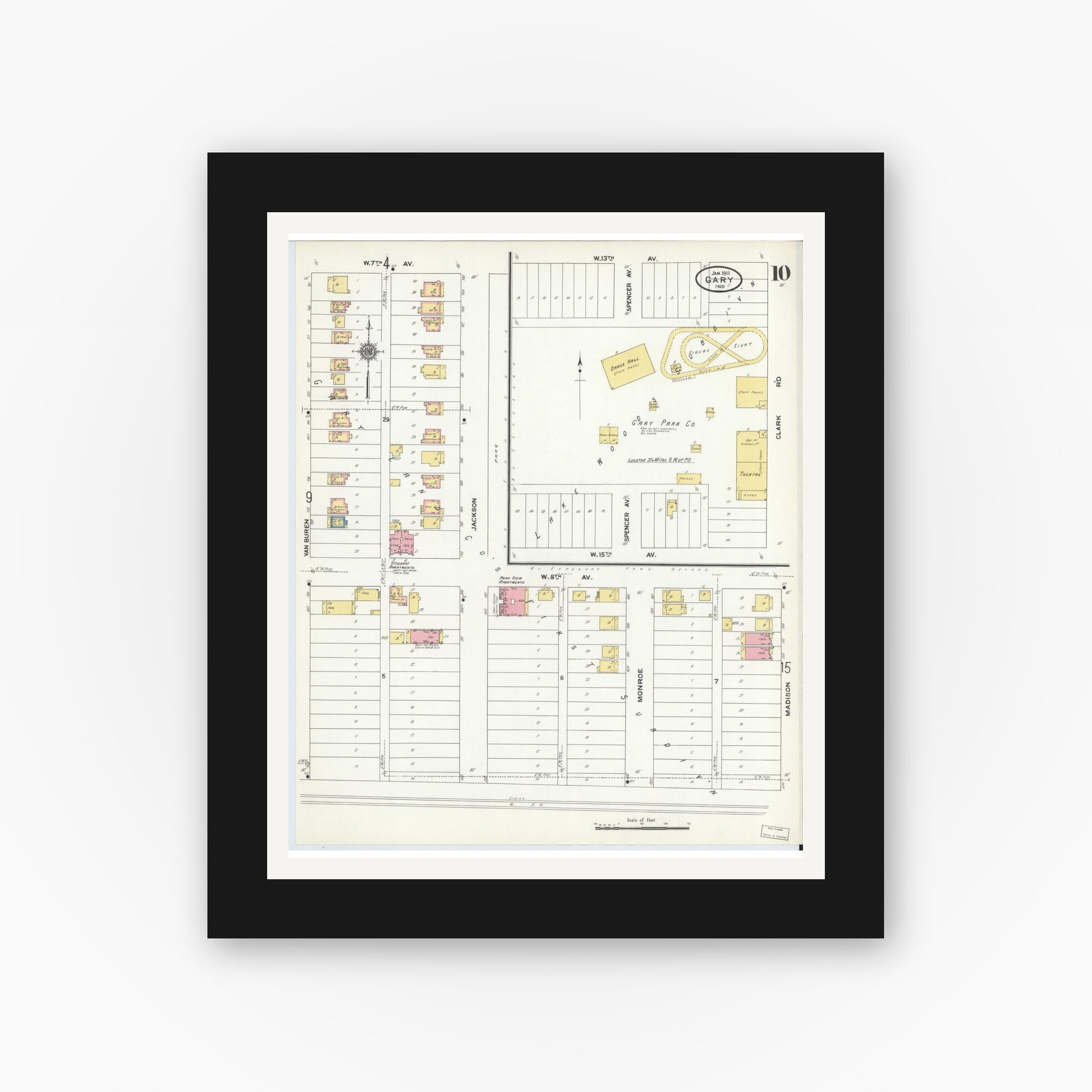 Old map wall art mockup — black gallery frame with white mat — Sanborn Fire Insurance Map from Gary, Lake County, Indiana (1911), Sheet #0010