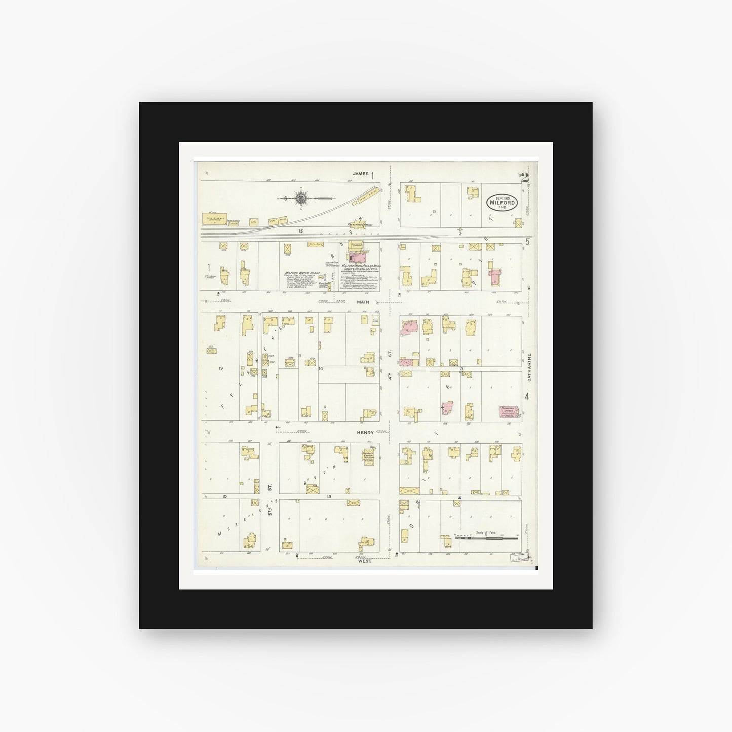 Old map wall art mockup — black gallery frame with white mat — Sanborn Fire Insurance Map from Milford, Kosciusko County, Indiana (1910), Sheet #0002