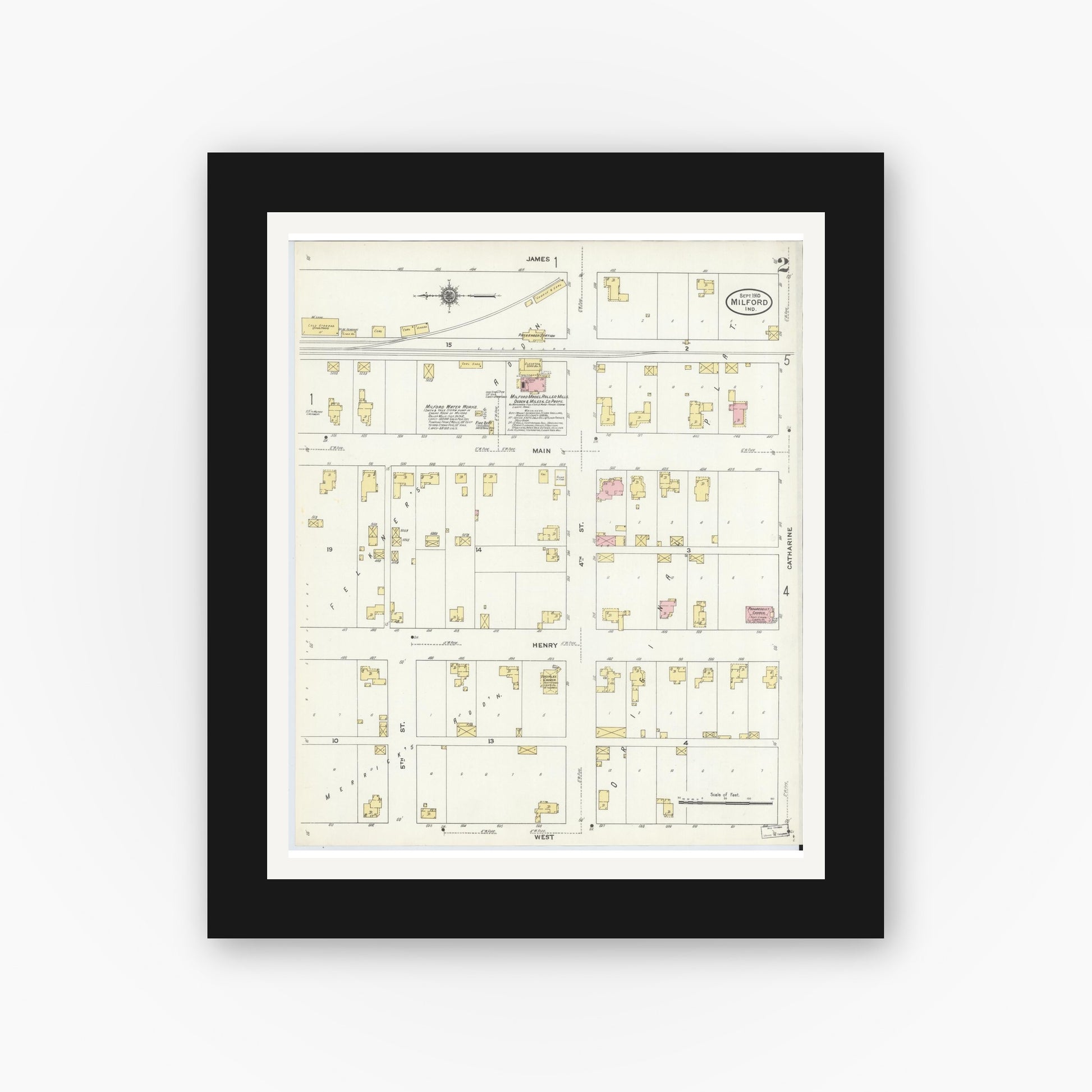 Old map wall art mockup — black gallery frame with white mat — Sanborn Fire Insurance Map from Milford, Kosciusko County, Indiana (1910), Sheet #0002