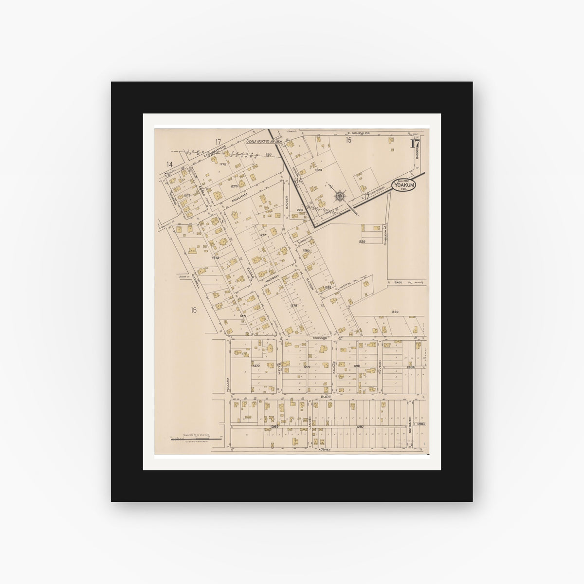 Old map wall art mockup — black gallery frame with white mat — Sanborn Fire Insurance Map from Yoakum, De Witt And Lavaca Counties, Texas (1922), Sheet #0017