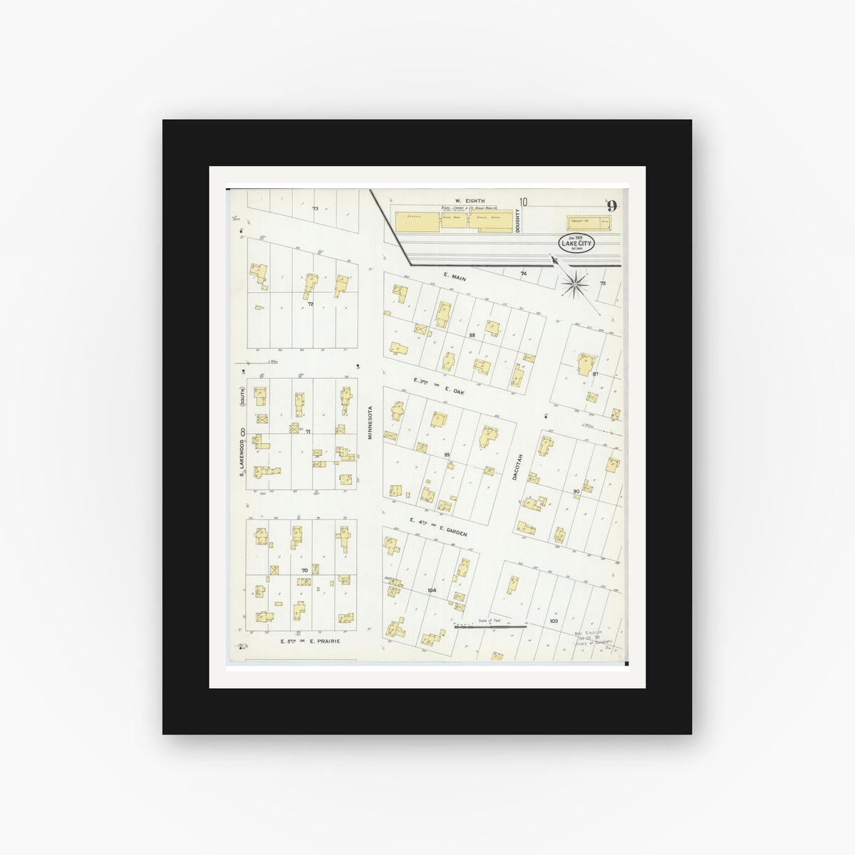 Old map wall art mockup — black gallery frame with white mat — Sanborn Fire Insurance Map from Lake City, Wabasha County, Minnesota (1909), Sheet #0009