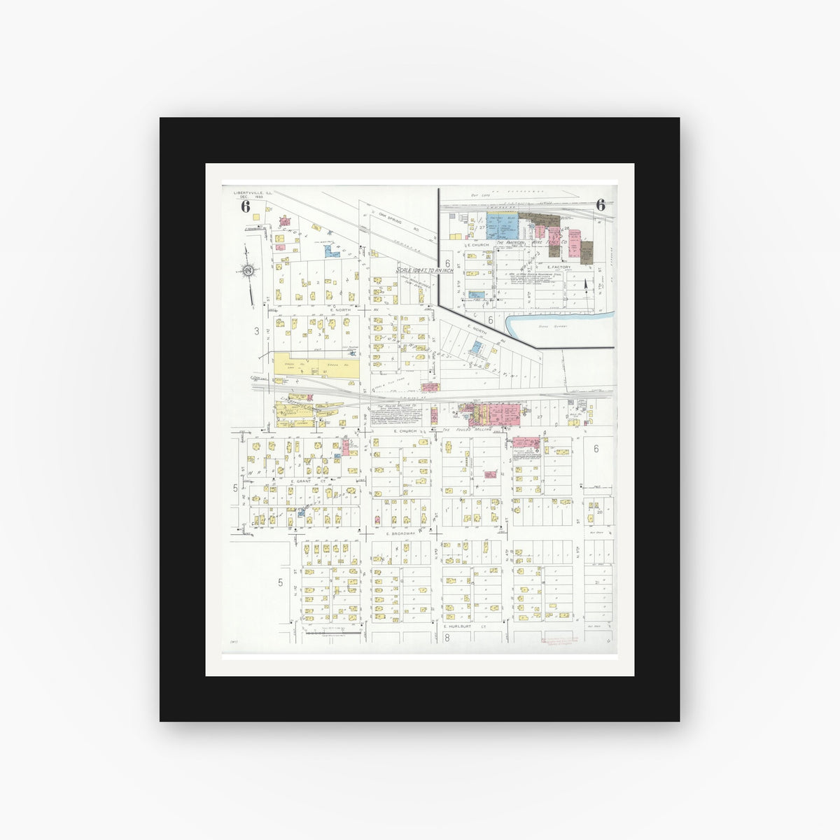 Old map wall art mockup — black gallery frame with white mat — Sanborn Fire Insurance Map from Libertyville, Lake County, Illinois (1933), Sheet #0006