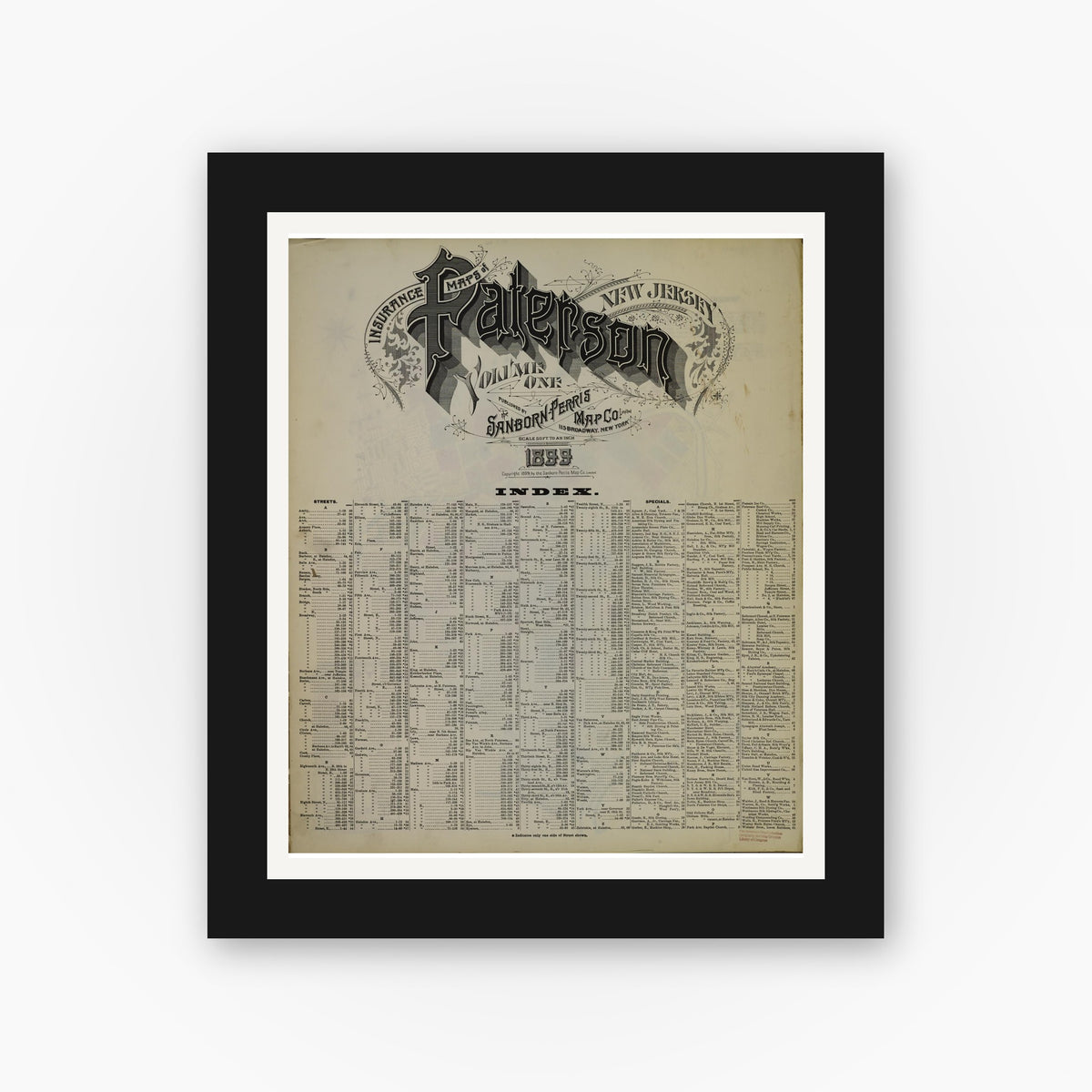 Old map wall art mockup — black gallery frame with white mat — Sanborn Fire Insurance Map from Paterson, Passaic County, New Jersey (1899), Sheet #0001