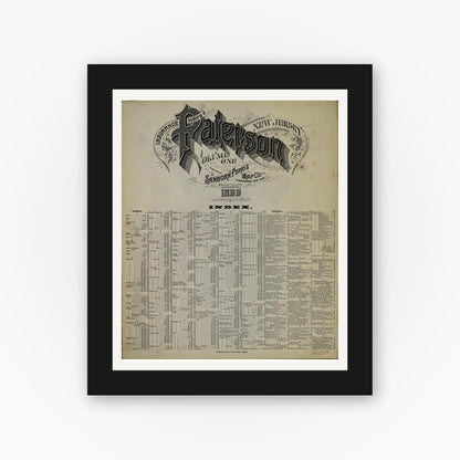 Old map wall art mockup — black gallery frame with white mat — Sanborn Fire Insurance Map from Paterson, Passaic County, New Jersey (1899), Sheet #0001