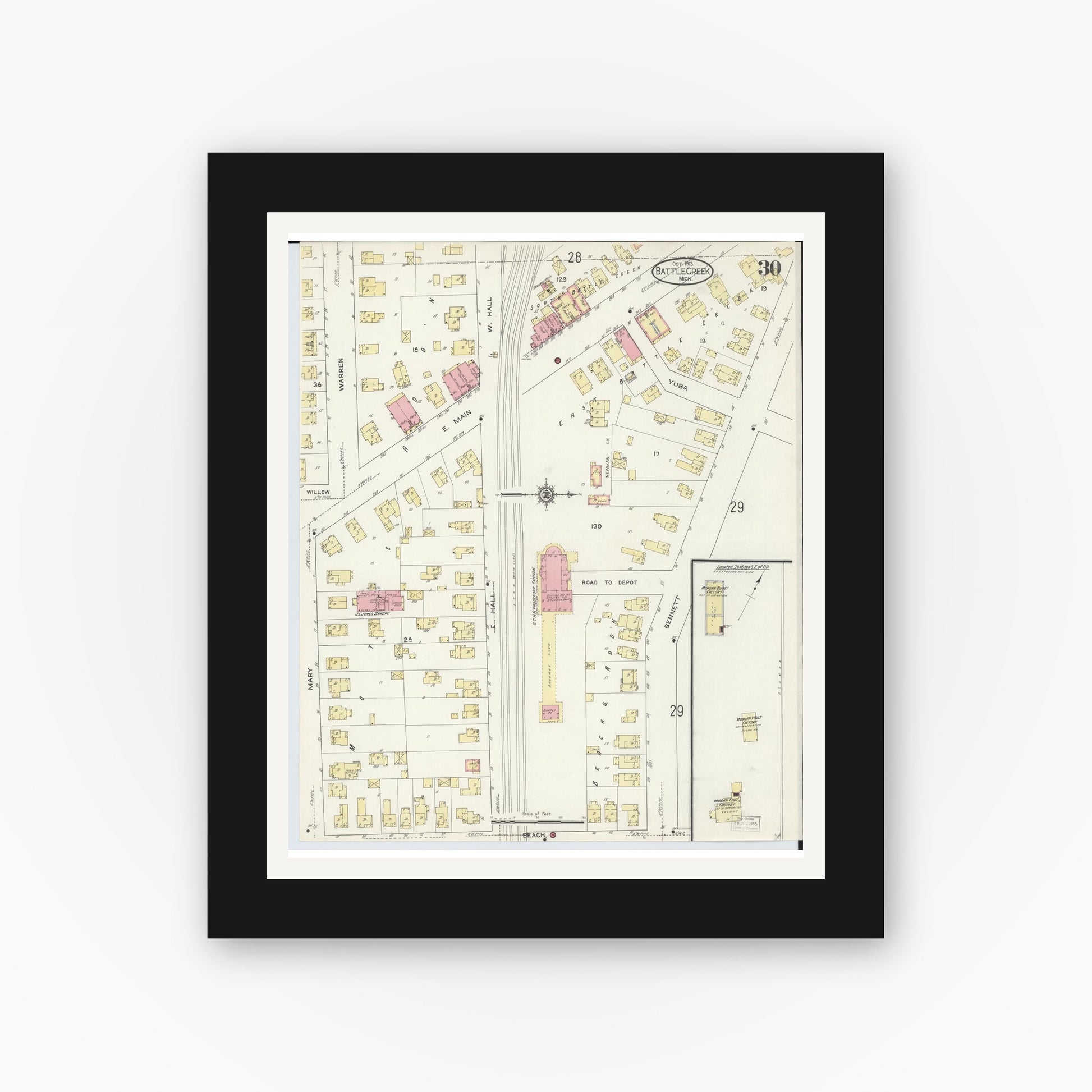 Old map wall art mockup — black gallery frame with white mat — Sanborn Fire Insurance Map from Battle Creek, Calhoun County, Michigan (1913), Sheet #0030