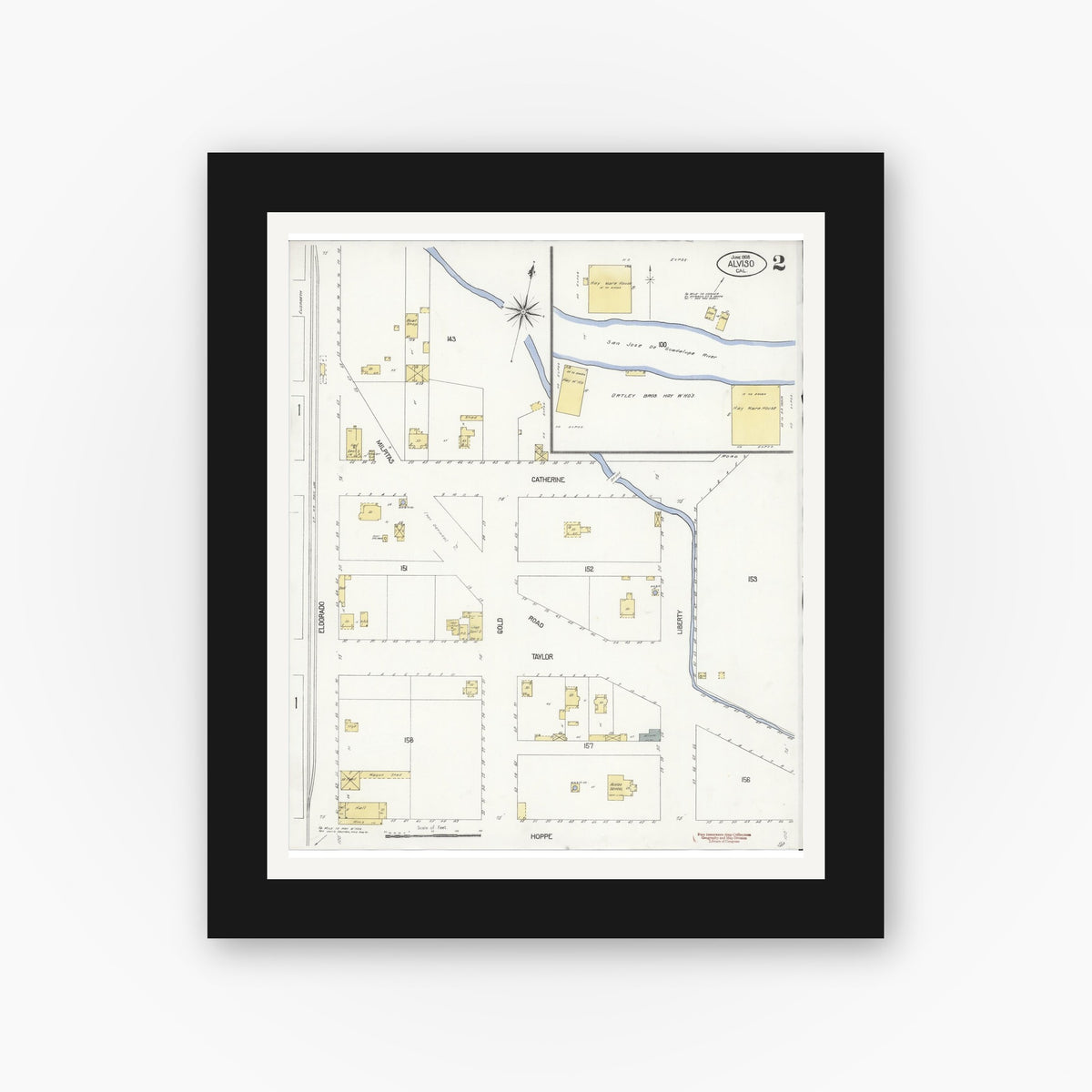 Old map wall art mockup — black gallery frame with white mat — Sanborn Fire Insurance Map from Alviso, Santa Clara County, California (1908), Sheet #0002