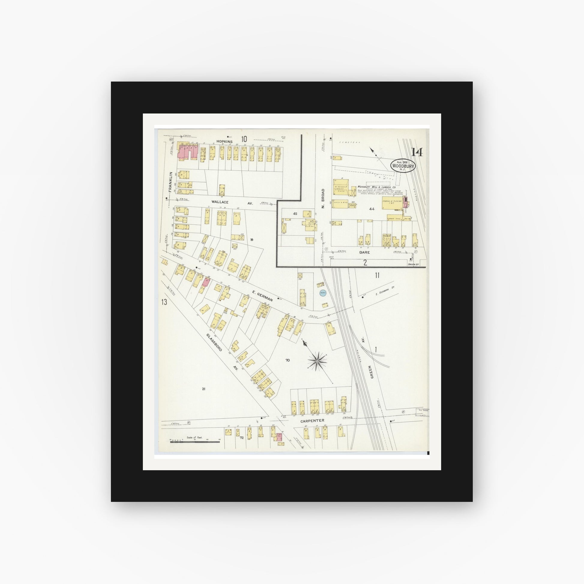 Old map wall art mockup — black gallery frame with white mat — Sanborn Fire Insurance Map from Woodbury, Gloucester County, New Jersey (1908), Sheet #0014