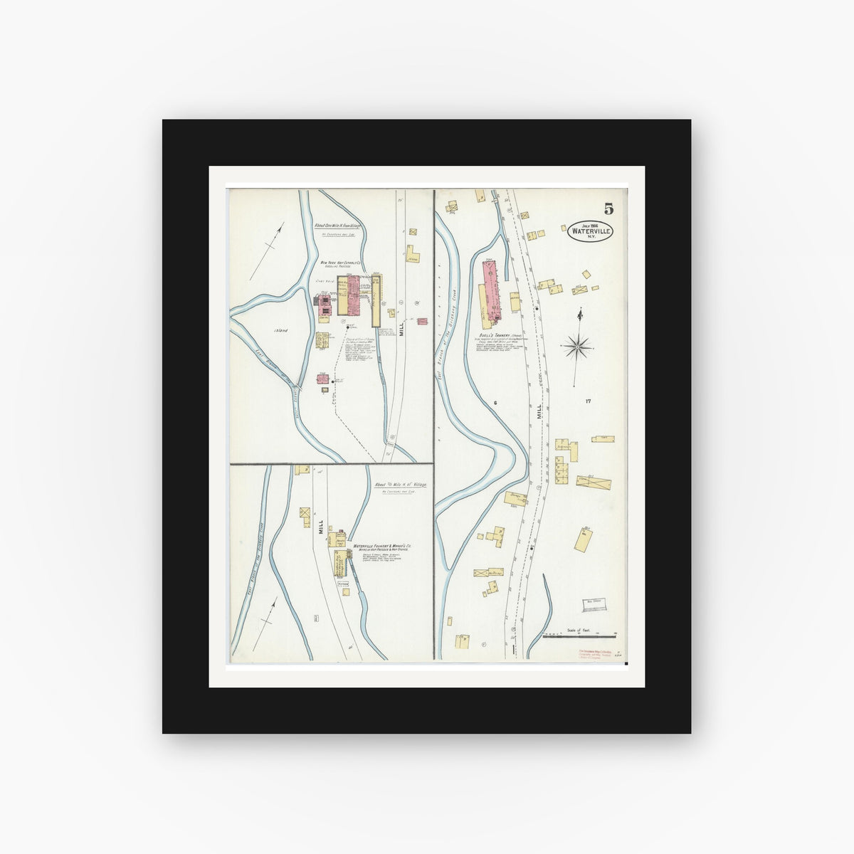 Old map wall art mockup — black gallery frame with white mat — Sanborn Fire Insurance Map from Waterville, Oneida County, New York (1906), Sheet #0005