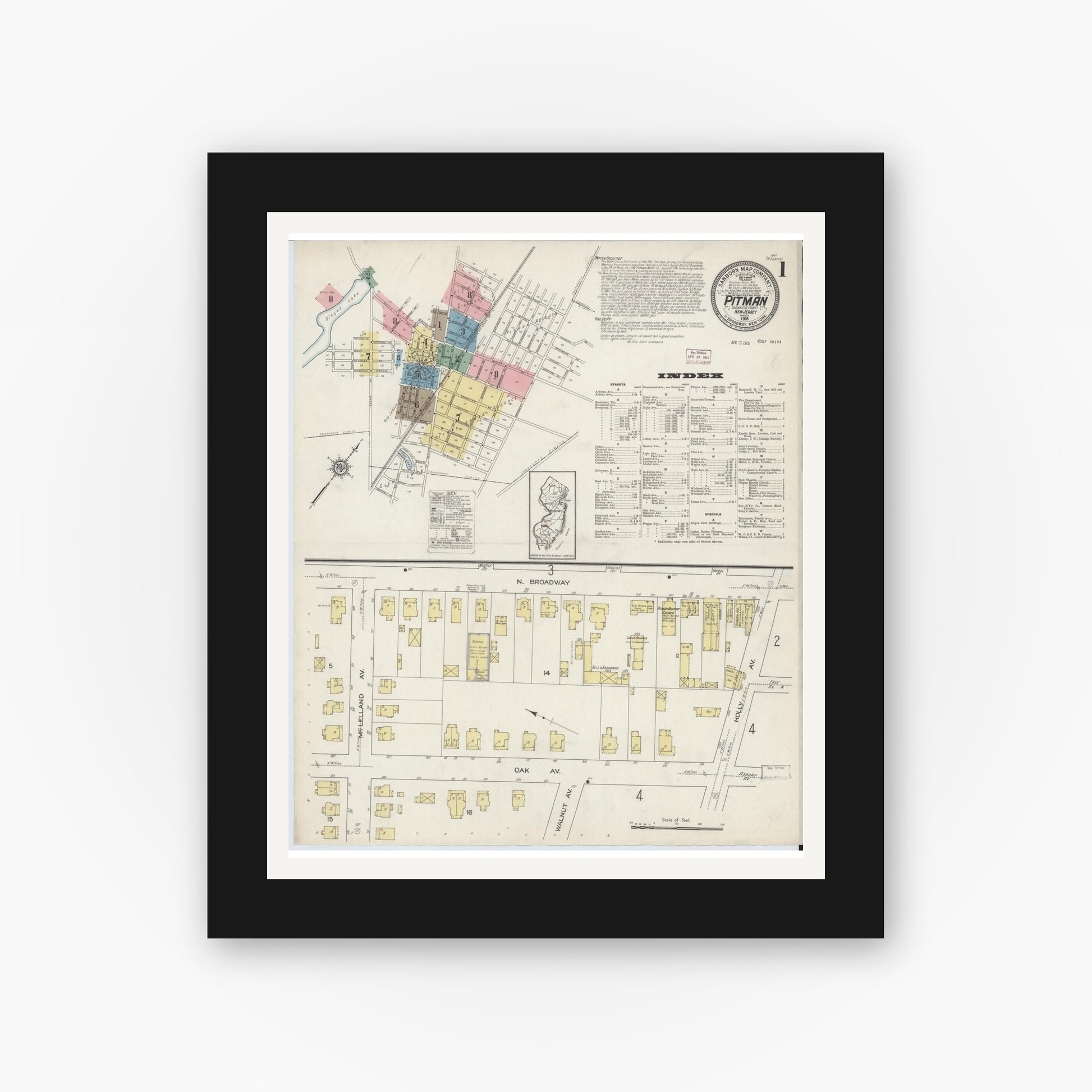 Old map wall art mockup — black gallery frame with white mat — Sanborn Fire Insurance Map from Pitman, Gloucester County, New Jersey (1915) - Complete Map Set