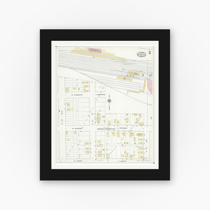 Old map wall art mockup — black gallery frame with white mat — Sanborn Fire Insurance Map from Staples, Todd County, Minnesota (1916), Sheet #0005