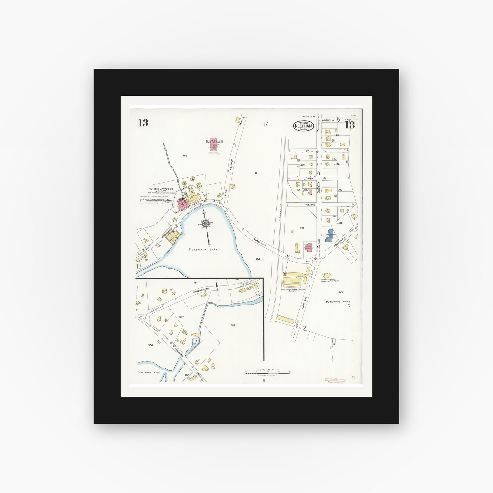 Old map wall art mockup — black gallery frame with white mat — Sanborn Fire Insurance Map from Needham, Norfolk County, Massachusetts (1926), Sheet #0013