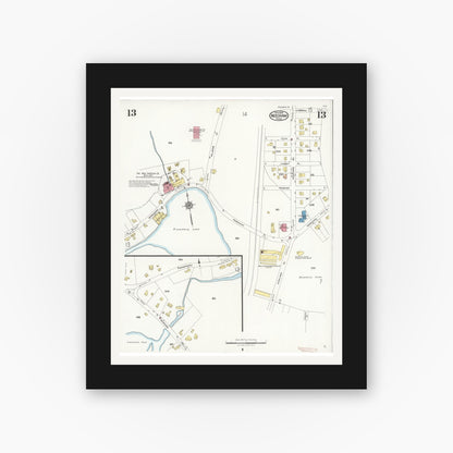 Old map wall art mockup — black gallery frame with white mat — Sanborn Fire Insurance Map from Needham, Norfolk County, Massachusetts (1926), Sheet #0013