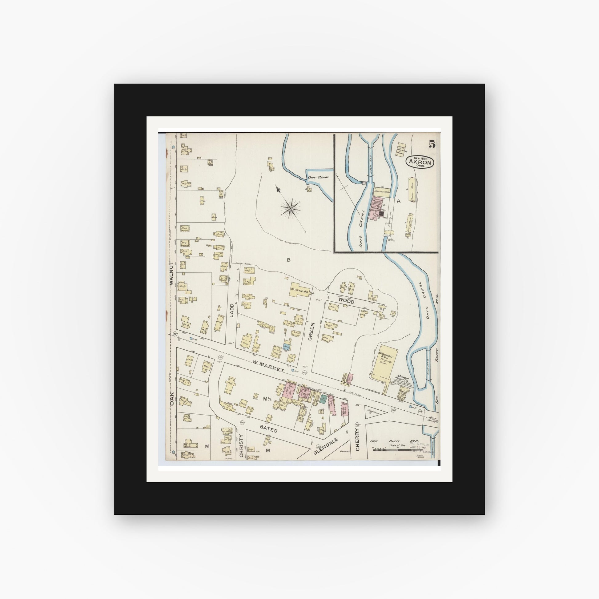 Old map wall art mockup — black gallery frame with white mat — Sanborn Fire Insurance Map from Akron, Summit County, Ohio (1886), Sheet #0005