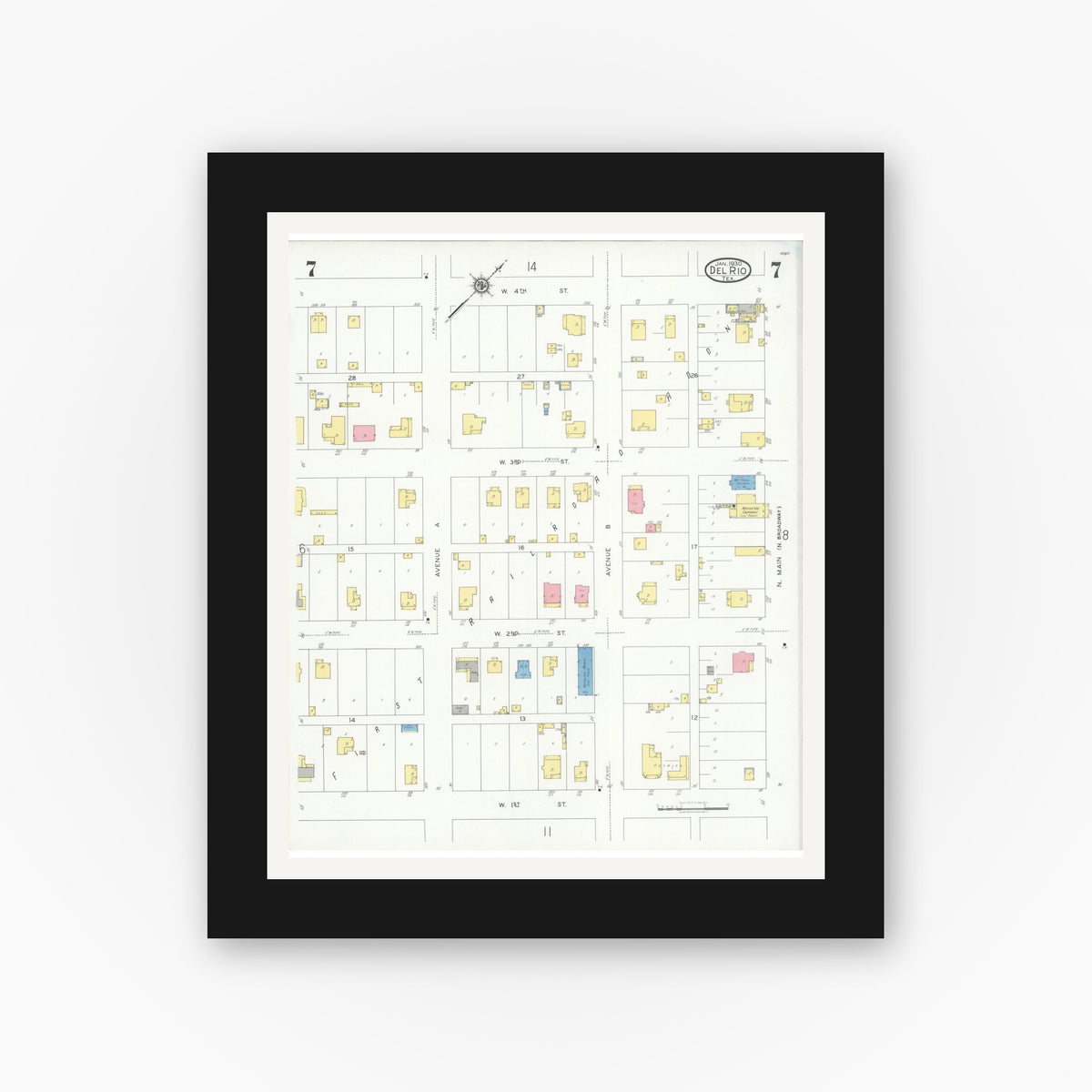Old map wall art mockup — black gallery frame with white mat — Sanborn Fire Insurance Map from Del Rio, Val Verde County, Texas (1930), Sheet #0007