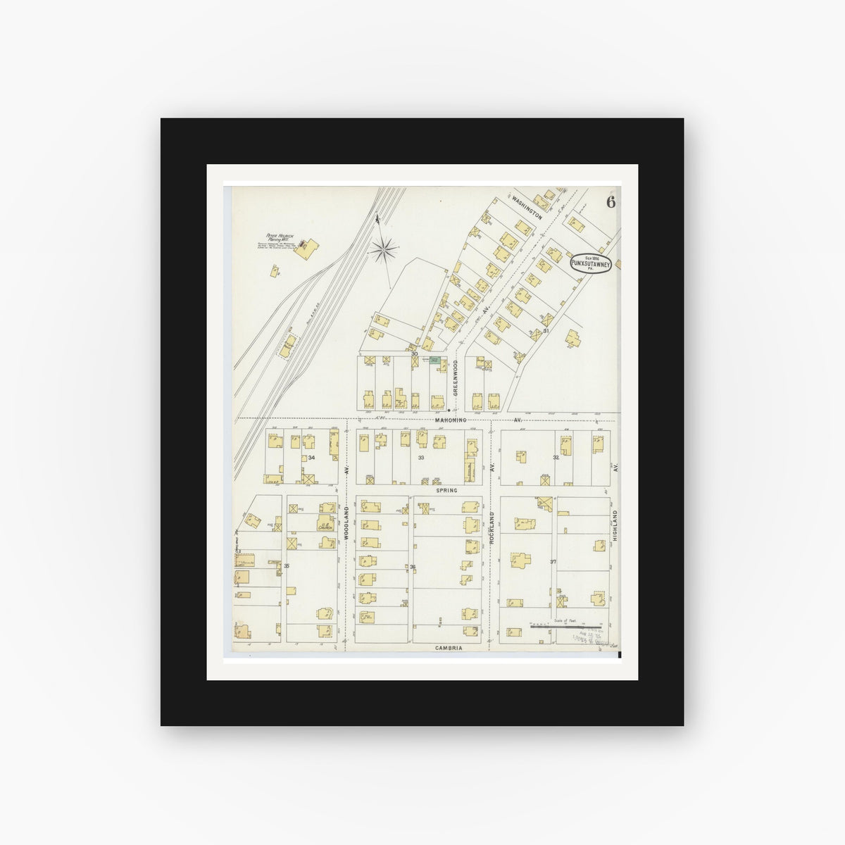 Old map wall art mockup — black gallery frame with white mat — Sanborn Fire Insurance Map from Punxsutawney, Jefferson County, Pennsylvania (1896), Sheet #0006