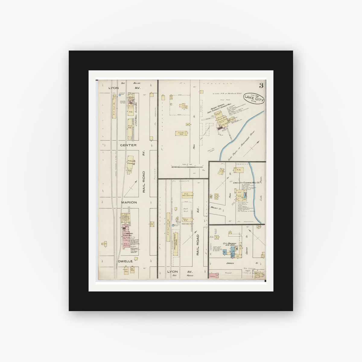 Old map wall art mockup — black gallery frame with white mat — Sanborn Fire Insurance Map from Lake City, Wabasha County, Minnesota (1885), Sheet #0003