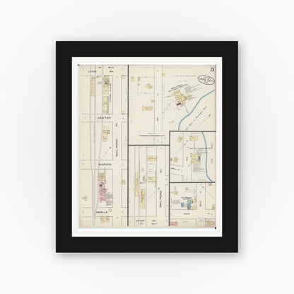 Old map wall art mockup — black gallery frame with white mat — Sanborn Fire Insurance Map from Lake City, Wabasha County, Minnesota (1885), Sheet #0003