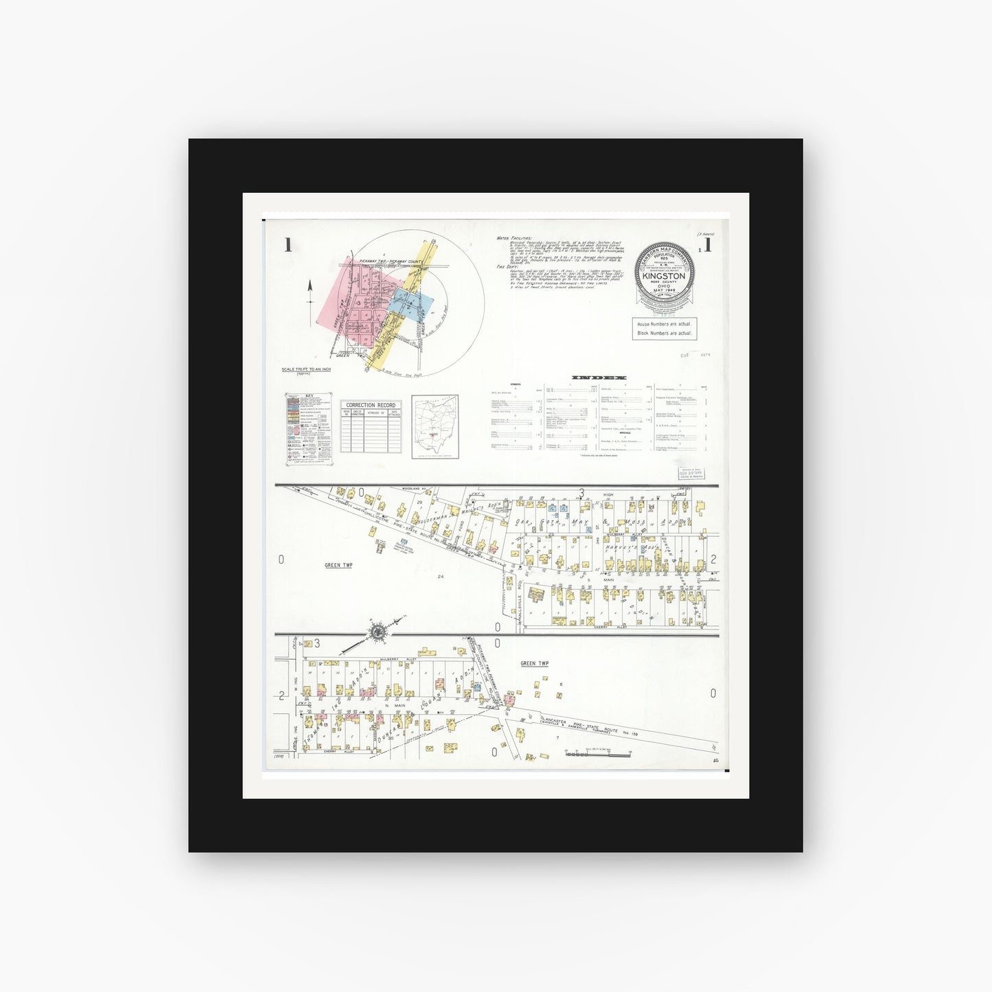 Old map wall art mockup — black gallery frame with white mat — Sanborn Fire Insurance Map from Kingston, Ross County, Ohio (1949) - Complete Map Set