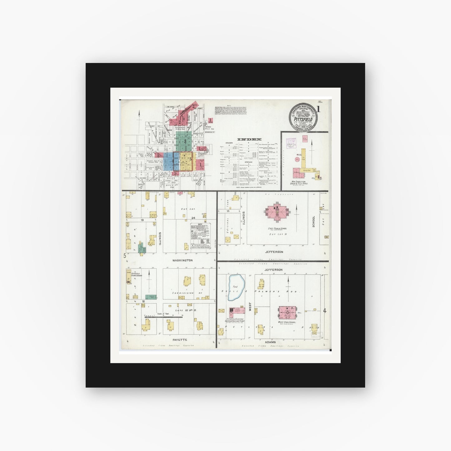 Old map wall art mockup — black gallery frame with white mat — Sanborn Fire Insurance Map from Pittsfield, Pike County, Illinois (1905) - Complete Map Set