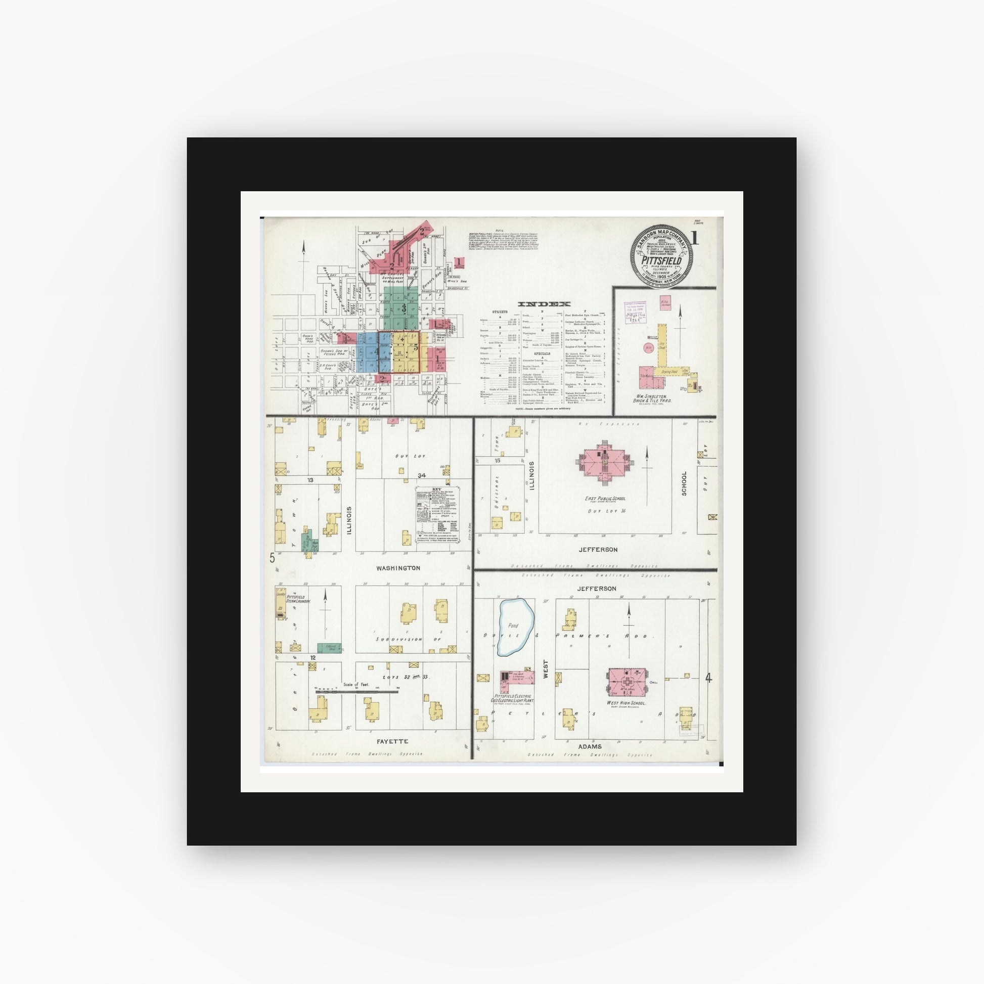 Old map wall art mockup — black gallery frame with white mat — Sanborn Fire Insurance Map from Pittsfield, Pike County, Illinois (1905) - Complete Map Set