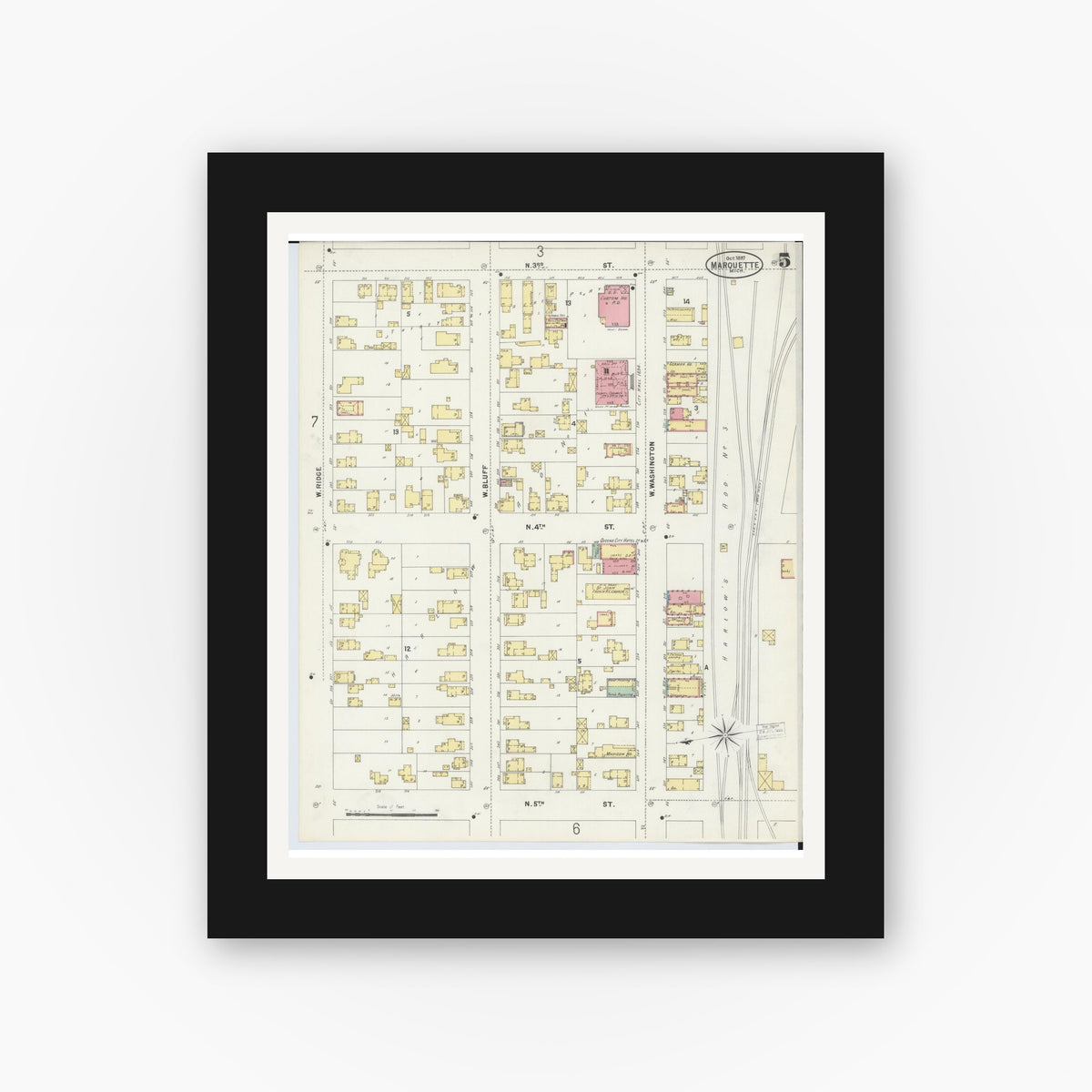 Old map wall art mockup — black gallery frame with white mat — Sanborn Fire Insurance Map from Marquette, Marquette County, Michigan (1897), Sheet #0005