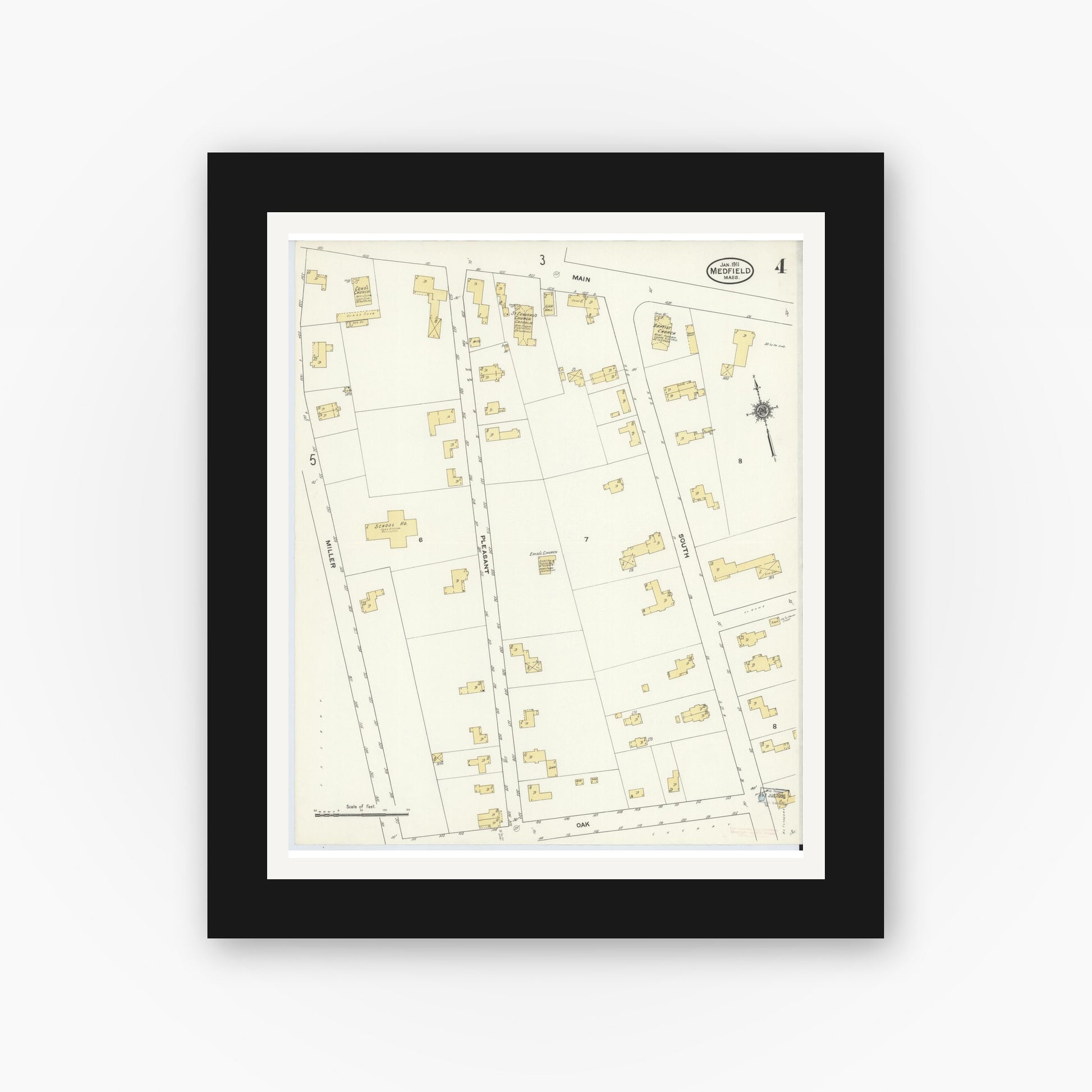 Old map wall art mockup — black gallery frame with white mat — Sanborn Fire Insurance Map from Medfield, Norfolk County, Massachusetts (1911), Sheet #0004