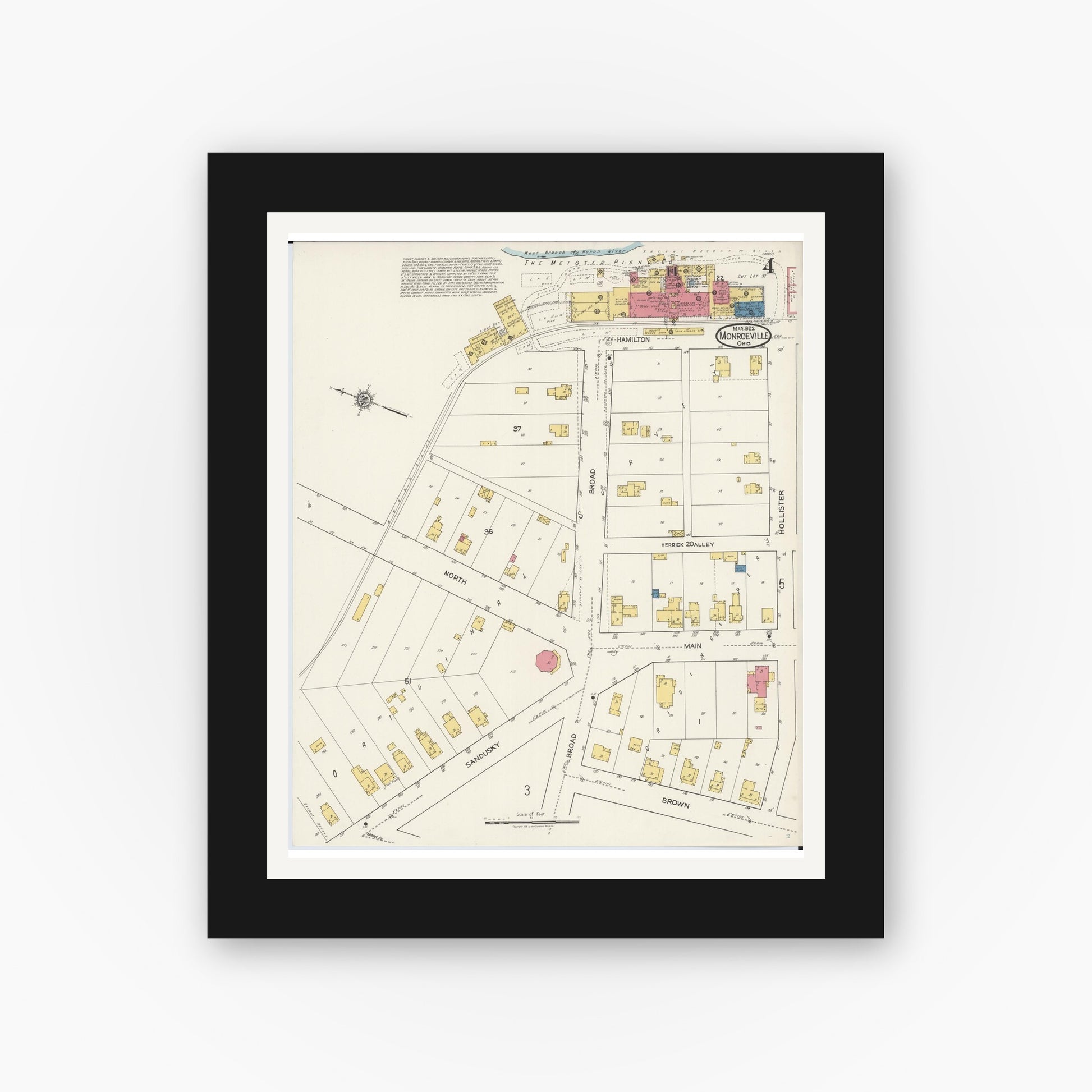 Old map wall art mockup — black gallery frame with white mat — Sanborn Fire Insurance Map from Monroeville, Huron County, Ohio (1922), Sheet #0004