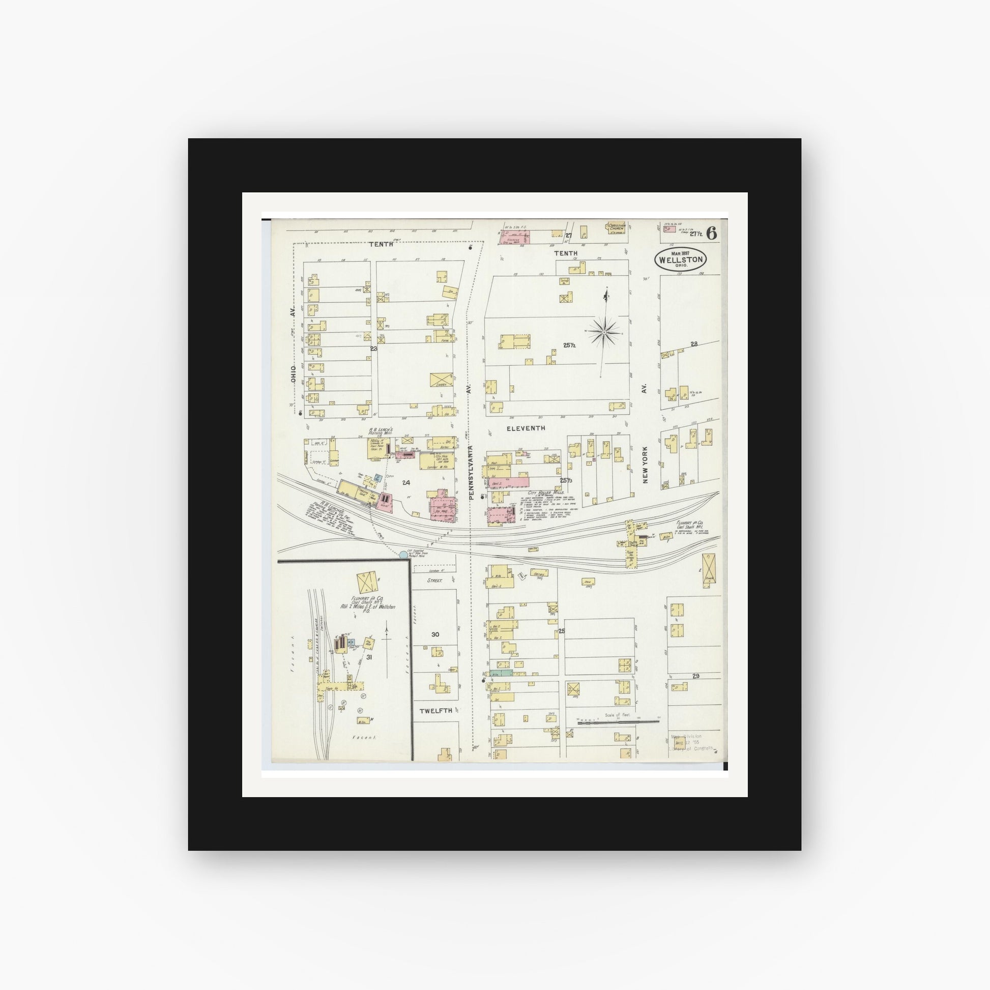 Old map wall art mockup — black gallery frame with white mat — Sanborn Fire Insurance Map from Wellston, Jackson County, Ohio (1897), Sheet #0006
