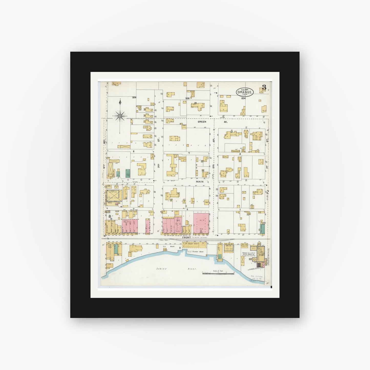 Old map wall art mockup — black gallery frame with white mat — Sanborn Fire Insurance Map from Orange, Orange County, Texas (1904), Sheet #0003