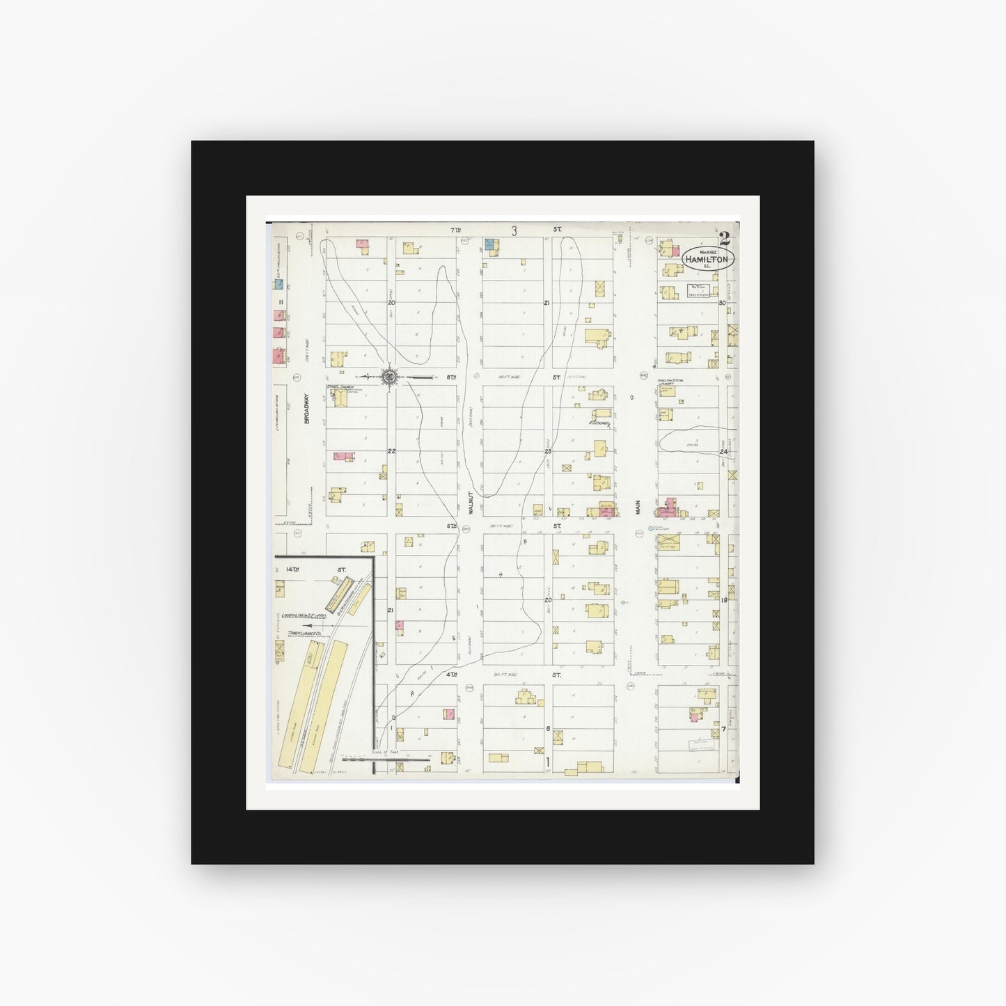 Old map wall art mockup — black gallery frame with white mat — Sanborn Fire Insurance Map from Hamilton, Hancock County, Illinois (1912), Sheet #0002