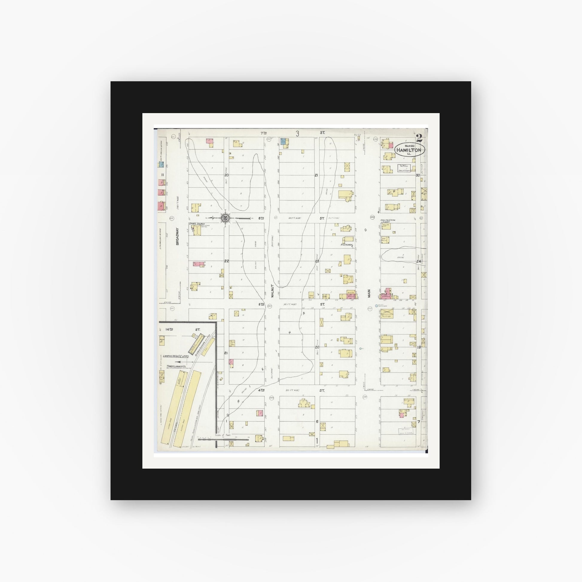 Old map wall art mockup — black gallery frame with white mat — Sanborn Fire Insurance Map from Hamilton, Hancock County, Illinois (1912), Sheet #0002