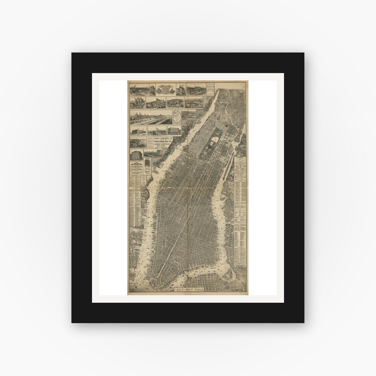 Old map wall art mockup — black gallery frame with white mat — The city of New York. (1879)
