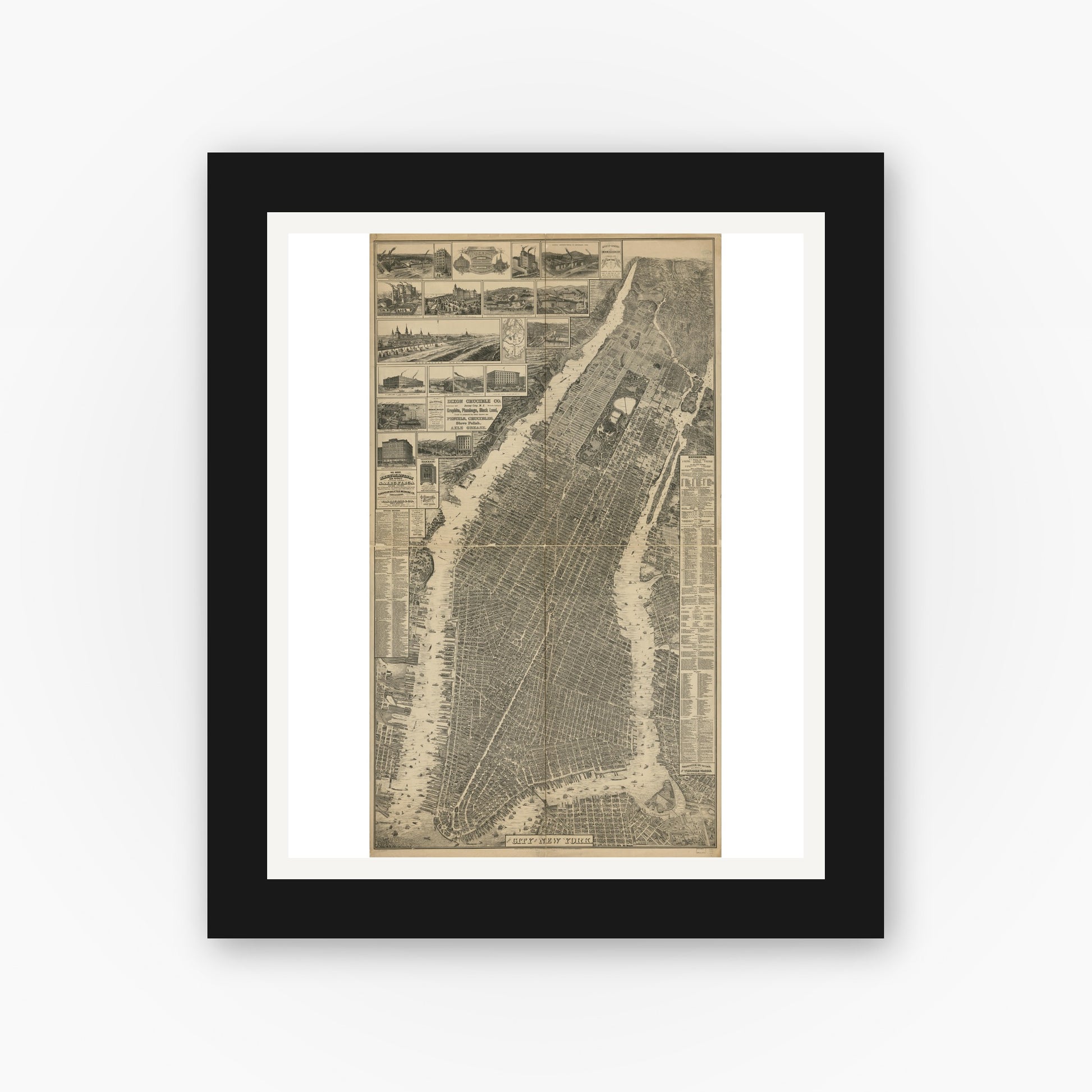 Old map wall art mockup — black gallery frame with white mat — The city of New York. (1879)