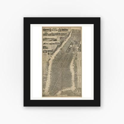 Old map wall art mockup — black gallery frame with white mat — The city of New York. (1879)