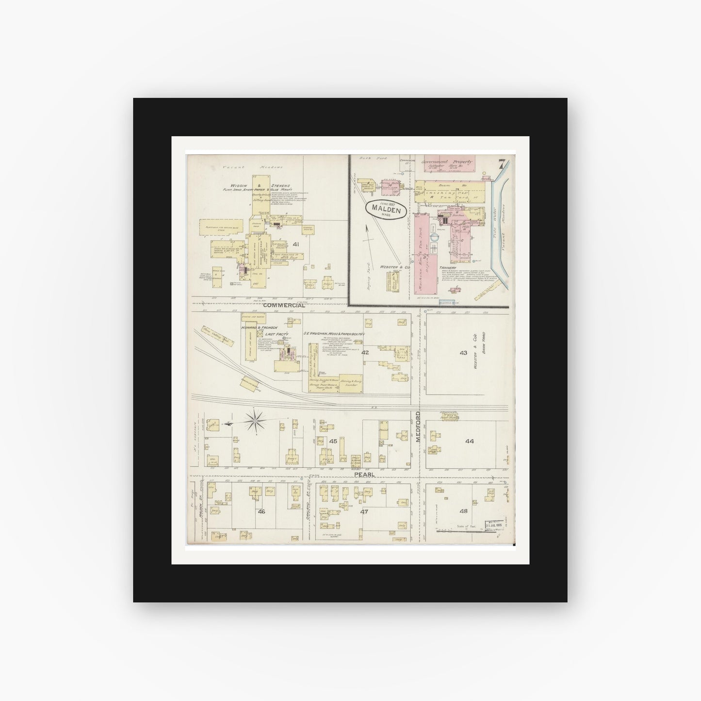 Old map wall art mockup — black gallery frame with white mat — Sanborn Fire Insurance Map from Malden, Middlesex County, Massachusetts (1887), Sheet #0007