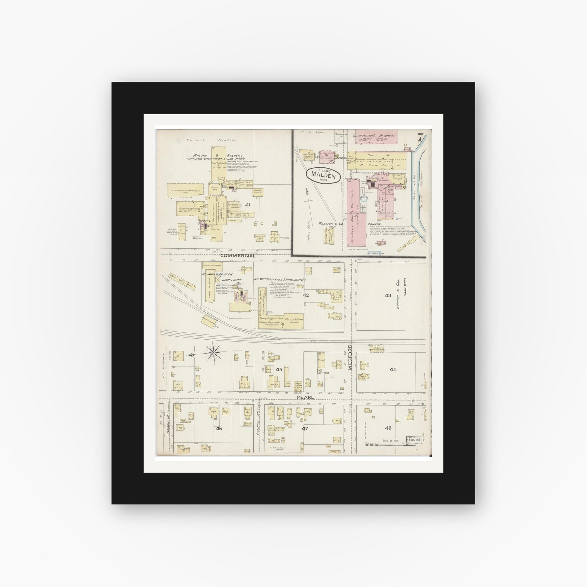 Old map wall art mockup — black gallery frame with white mat — Sanborn Fire Insurance Map from Malden, Middlesex County, Massachusetts (1887), Sheet #0007