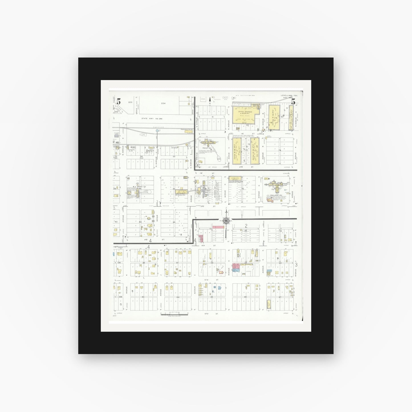 Old map wall art mockup — black gallery frame with white mat — Sanborn Fire Insurance Map from Levelland, Hockley County, Texas (1942), Sheet #0005