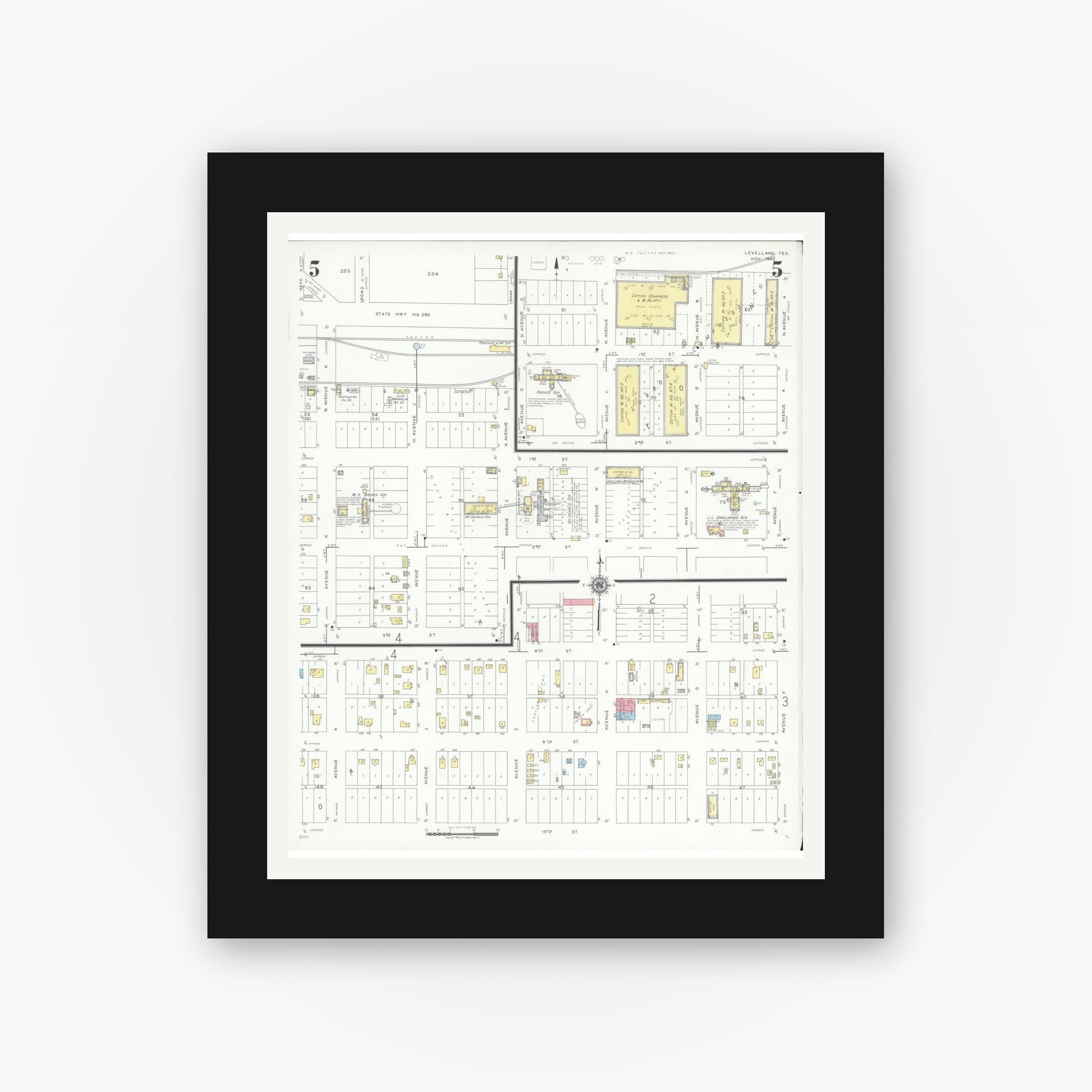 Old map wall art mockup — black gallery frame with white mat — Sanborn Fire Insurance Map from Levelland, Hockley County, Texas (1942), Sheet #0005