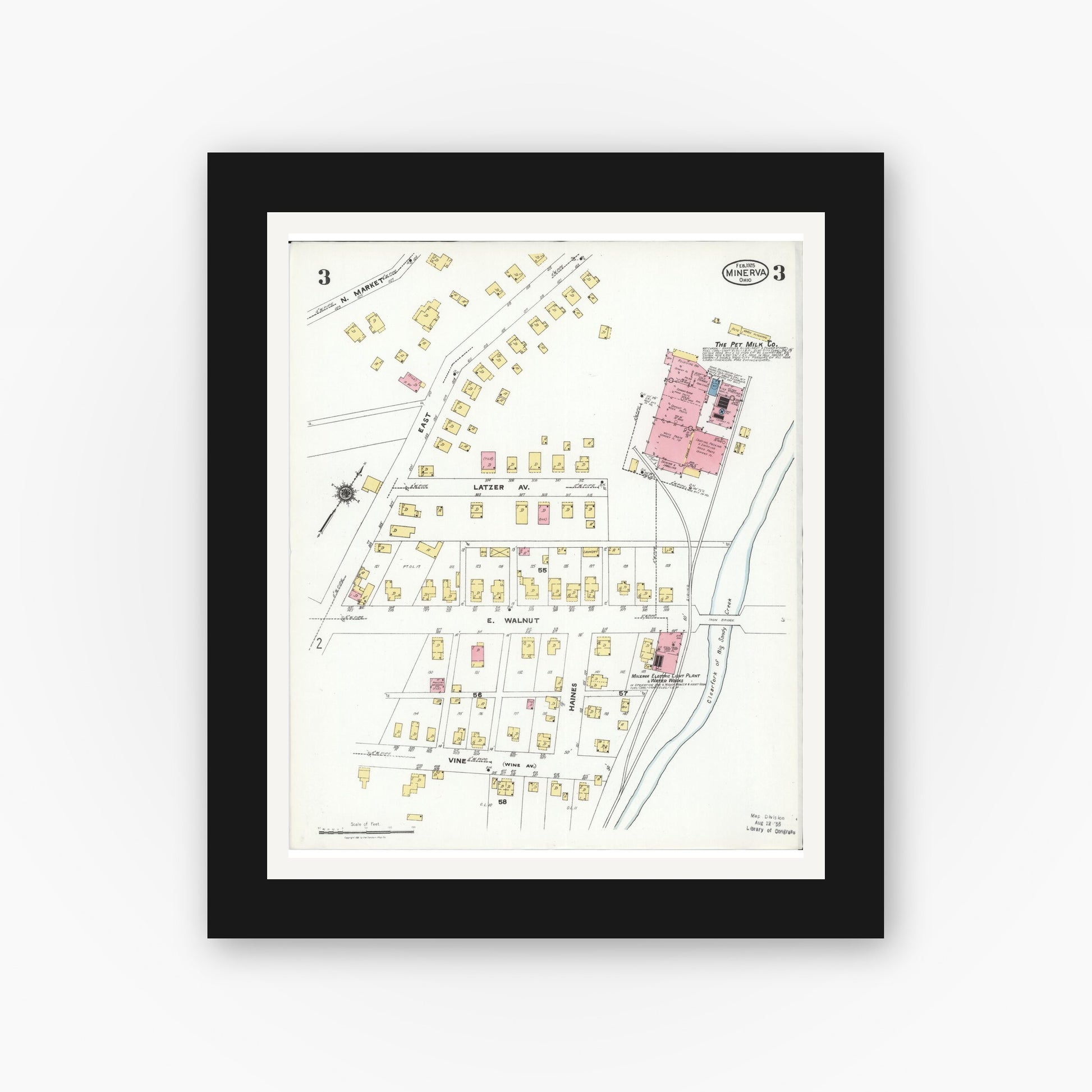 Old map wall art mockup — black gallery frame with white mat — Sanborn Fire Insurance Map from Minerva, Stark And Carroll Counties, Ohio (1925), Sheet #0003