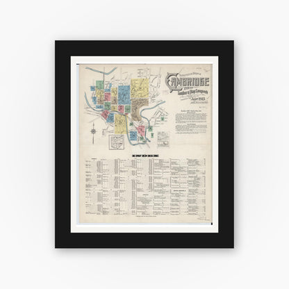 Old map wall art mockup — black gallery frame with white mat — Sanborn Fire Insurance Map from Cambridge, Guernsey County, Ohio (1915) - Complete Map Set