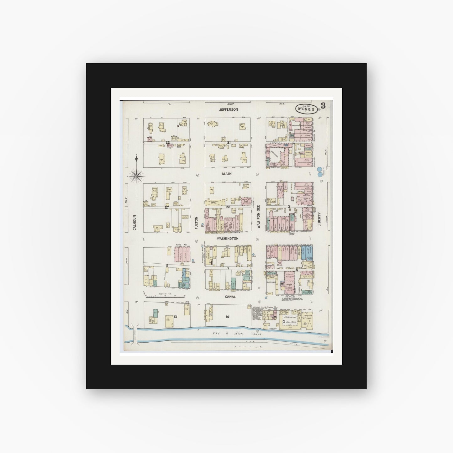 Old map wall art mockup — black gallery frame with white mat — Sanborn Fire Insurance Map from Morris, Grundy County, Illinois (1889), Sheet #0003