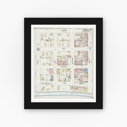 Old map wall art mockup — black gallery frame with white mat — Sanborn Fire Insurance Map from Morris, Grundy County, Illinois (1889), Sheet #0003